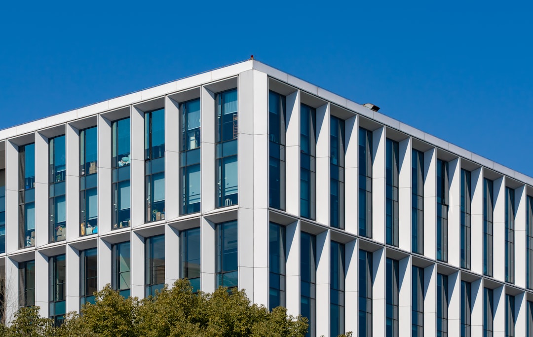 Modern buildings with numbers 2 and 3 at sunset
