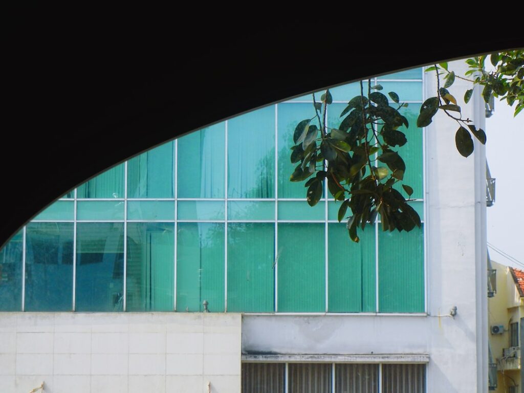 Modern building with green tinted windows and leaves